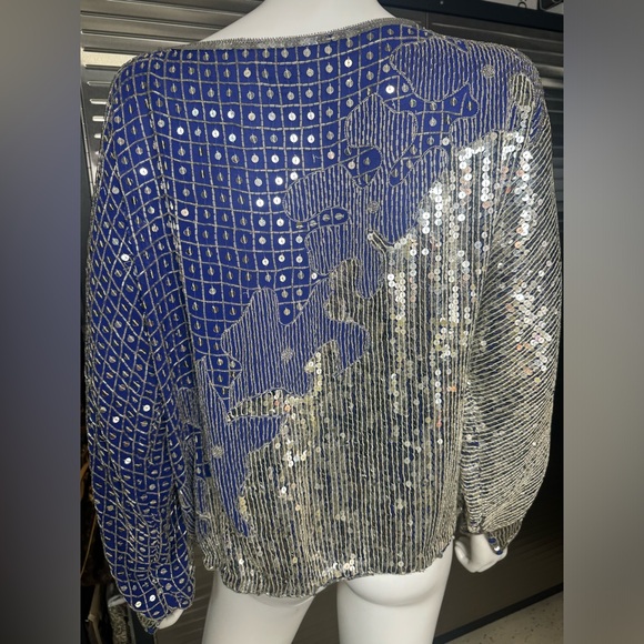 Judith Ann Creations Silk Sequin Blouse Blue Medium - Picture 7 of 12